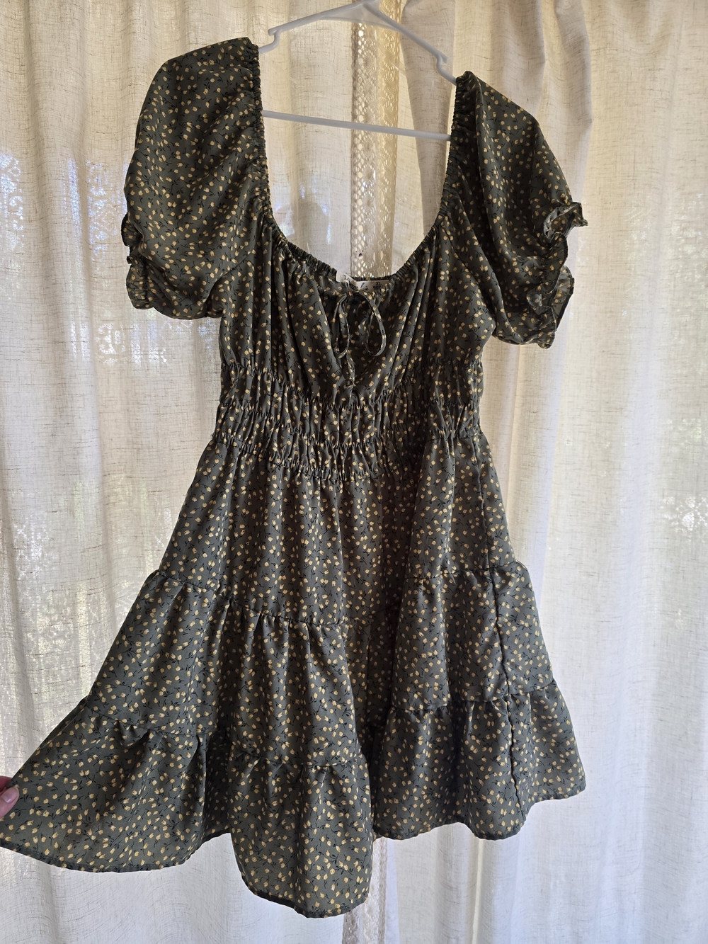 Green Puff-Sleeve Tiered Mini Dress with Yellow Floral Print - XL